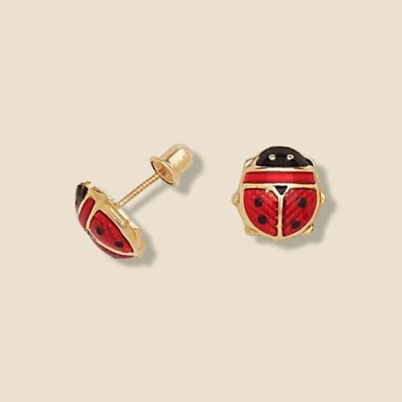 14k Solid Gold Ladybird Earrings | Enamel Jewelry | Everyday Jewelry | Birthday - Picture 2 of 7
